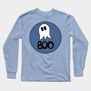 Cute ghost cartoon BOO text in a blue circle frame Long Sleeve T-Shirt